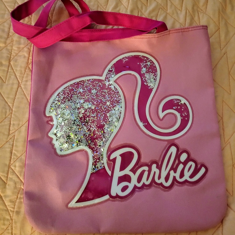 Barbie Movie Logo Pink Glitter Tote Shoulder Handle Bag Approx 14" x 13.5" - Picture 2 of 7